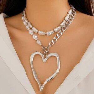 Chunky Silver Tone Heart Necklace Big Heart Statement Long Chain Pearl Jewelry